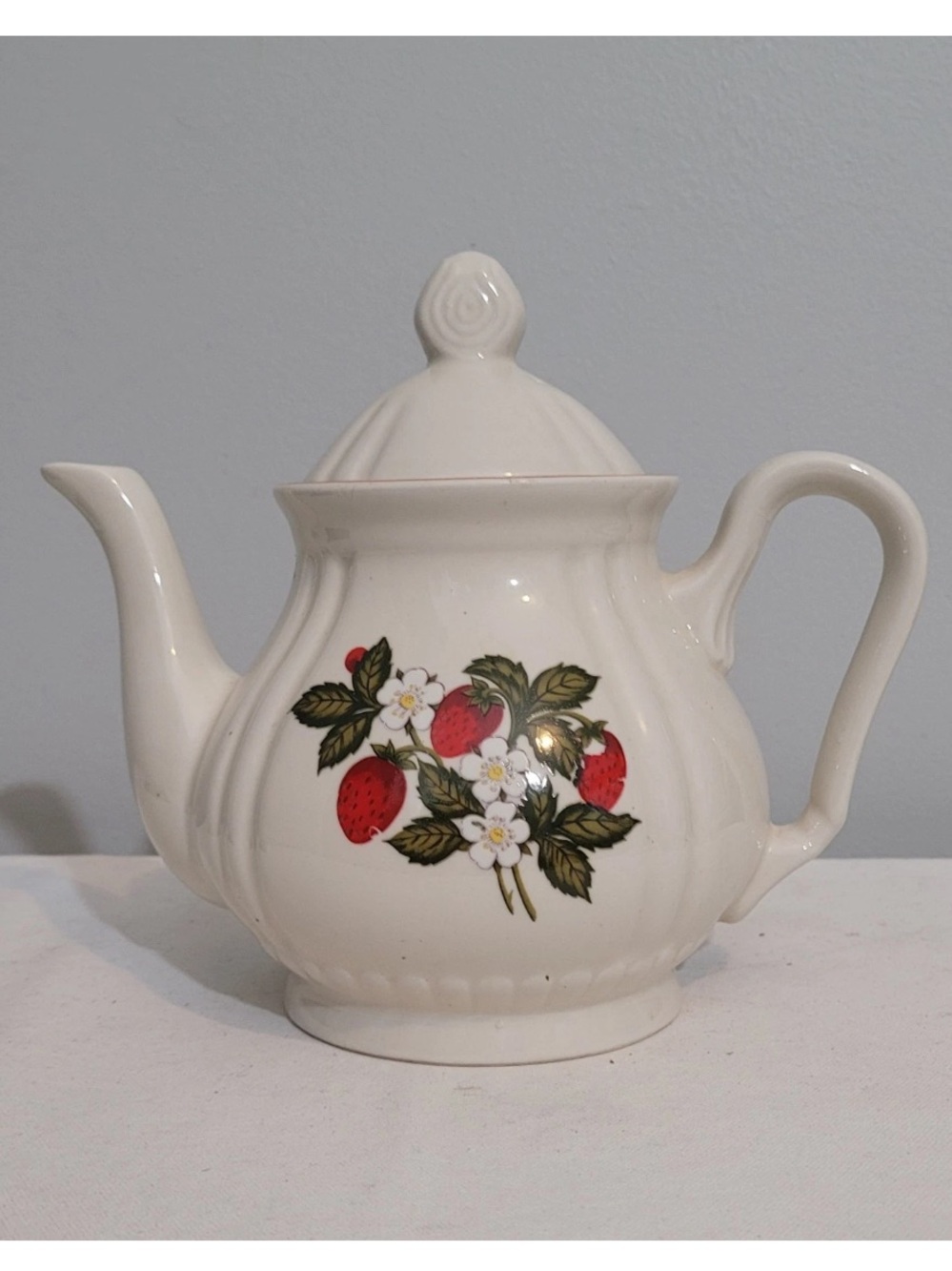 Strawberry Floral Ceramic Teapot With Lid White Small Cottagecore